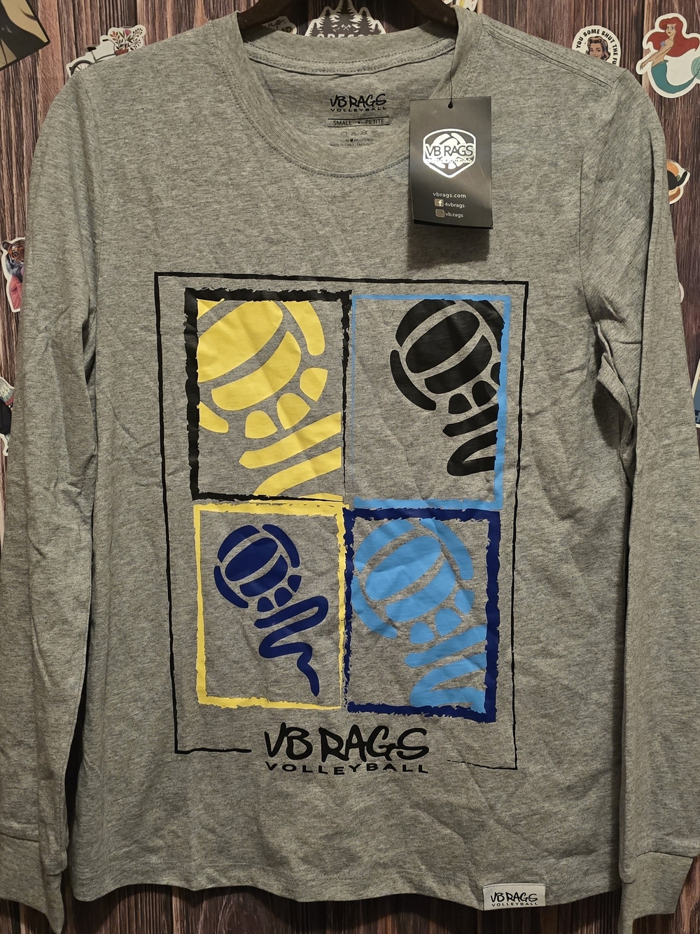 VB RAGS  Gray Long-Sleeve Graphic Volleyball Tee - Yellow & Blue Accents
